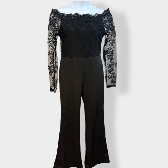 Pants - Black Off Shoulder Contrast Lace Wide Leg Jumpsuit XL